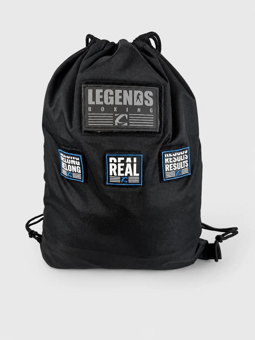 A Legends Boxing drawstring bag with patches sewn on